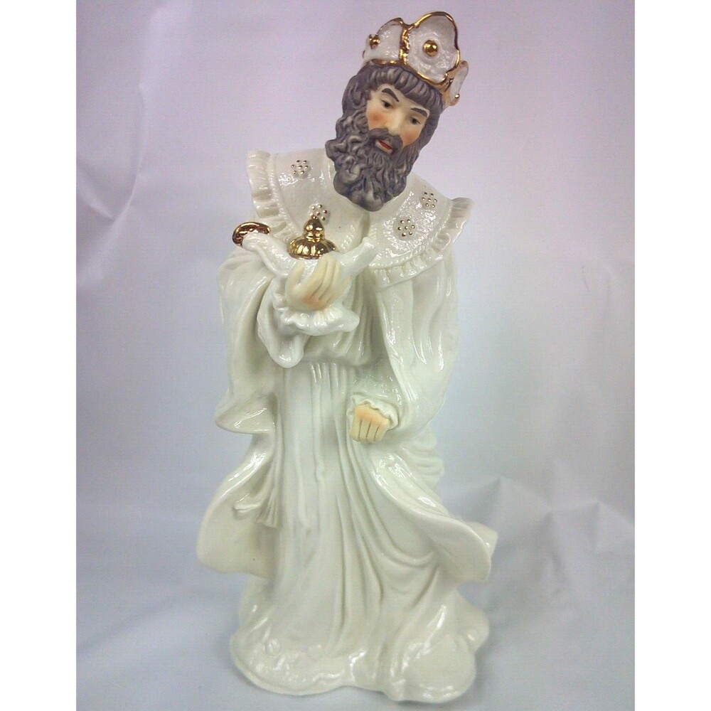 Large White Ceramic Nativity Manger Wise Man Figurine Gold Trim Standing 11.5 In